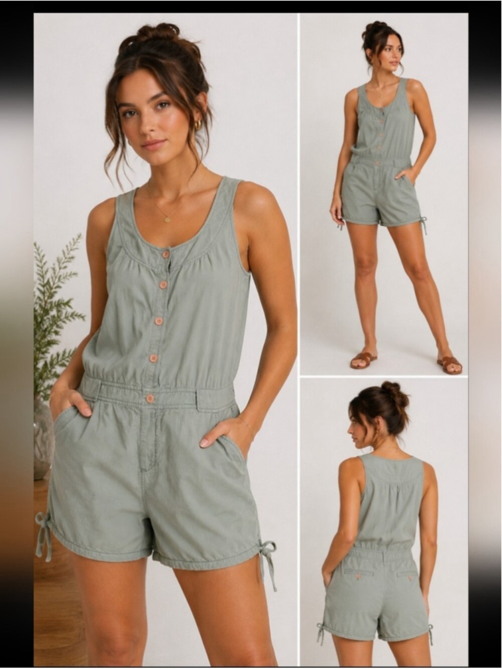 B+ab Cotton Sleeveless Romper Womens Size X/S Sage Green Utility Button Front